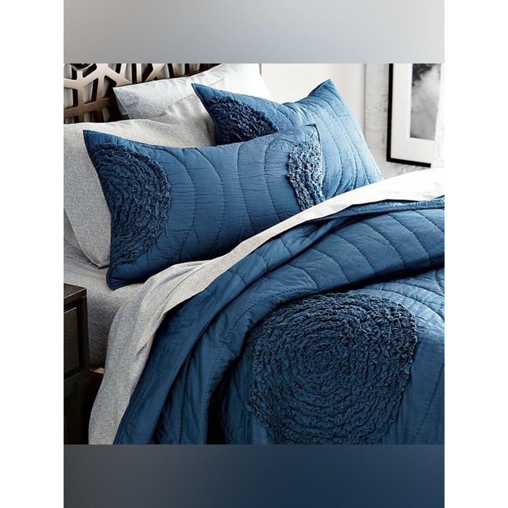 Welt Elm Navy Blue Ruffled Circle 100% Cotton Home Bedding Quilt 68inx 88in